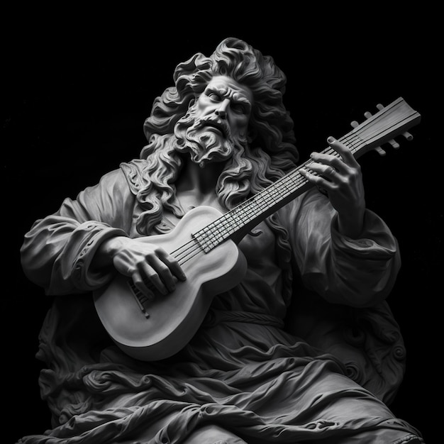 Foto una estatua de un hombre sosteniendo una guitarra y una guitarra.