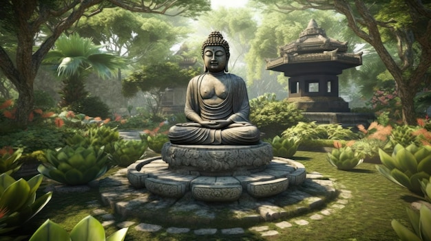 Una estatua en un jardín con un árbol al fondo.