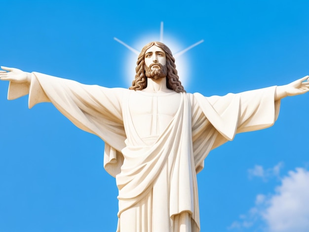 Estatua de Jesucristo con los brazos abiertos frente a Pilgrimage Generative AI