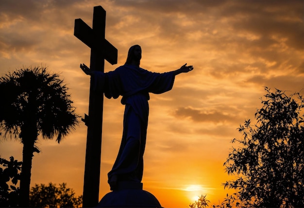 Foto una estatua de jesús está en una cruz con el sol detrás de ella