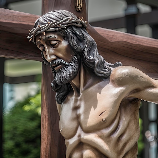 Una estatua de jesus en una cruz