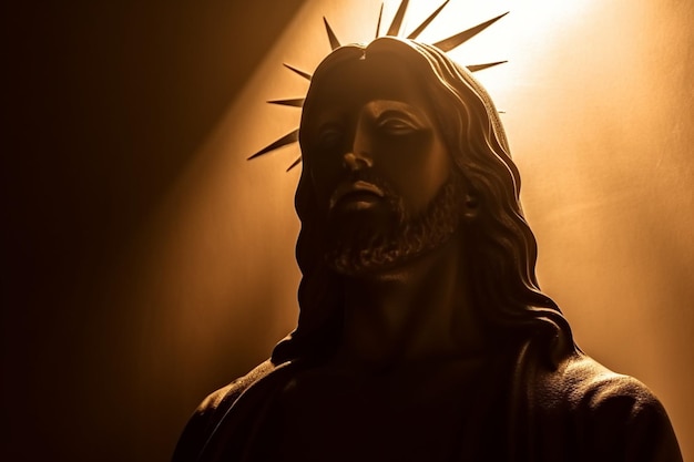 Una estatua de Jesús se encuentra frente a una luz que está encendida.