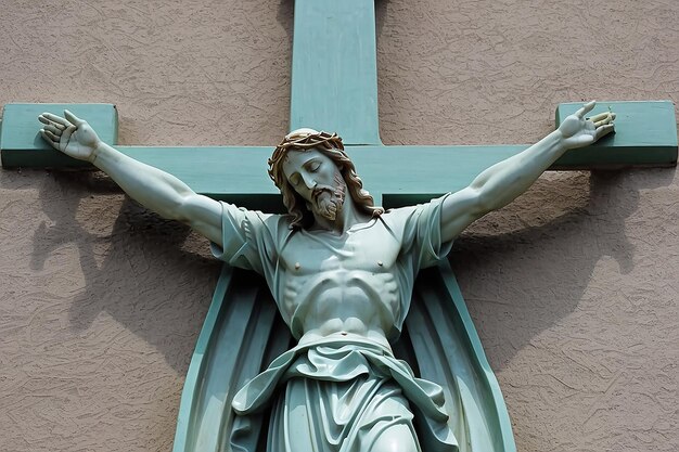 Una estatua de Jesús está delante de una cruz