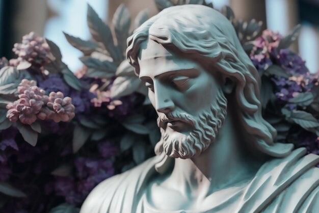 Una estatua de jesús con flores de color púrpura en el fondo