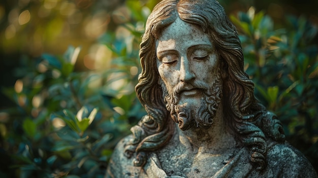 Estatua de Jesús rodeada de vegetación