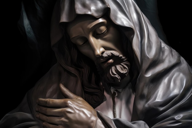 Una estatua de jesús con el rostro cubierto con una manta