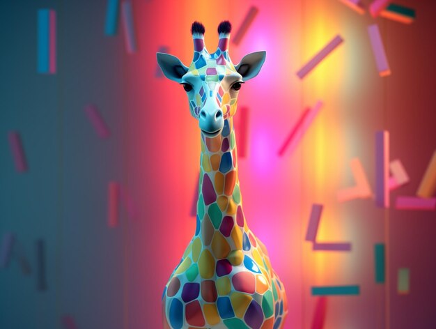 Foto estatua de jirafa de colores brillantes frente a una pared muy iluminada ai generativo