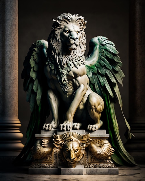 Una estatua de un león con alas verdes y las palabras el león en él