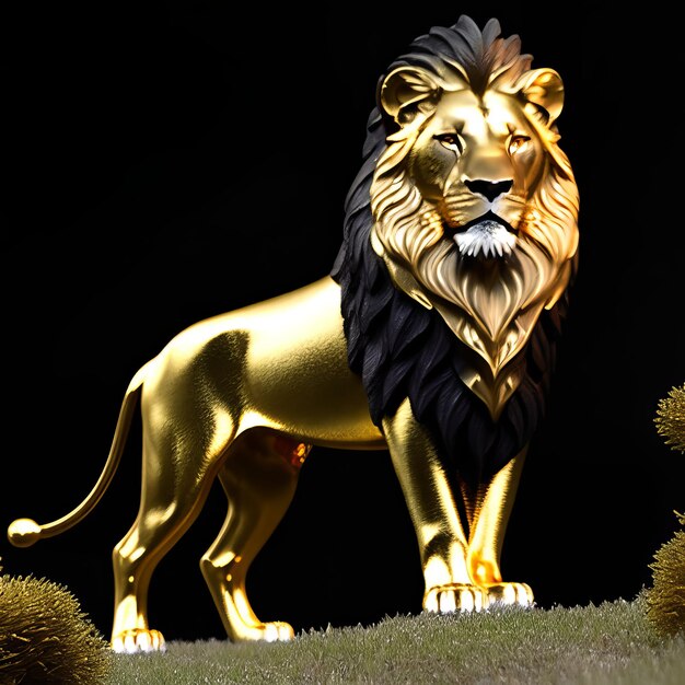 Una estatua de león con una melena negra y cabello negro.