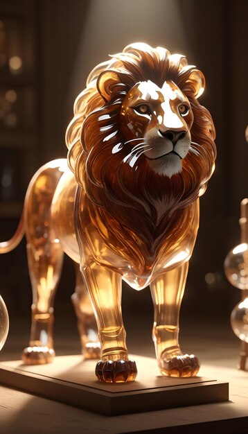Estatua de león de vidrio en 3D