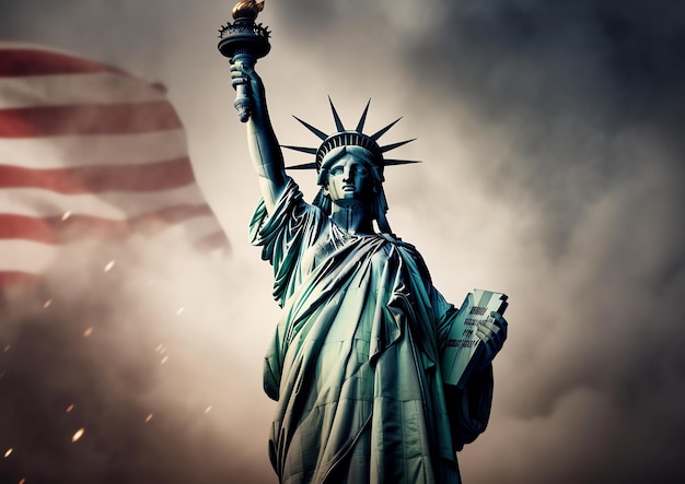 Estatua de la libertad con una bandera al fondo