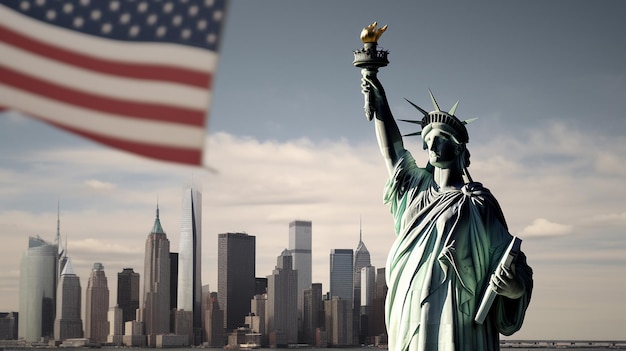 Estatua de la libertad con una bandera al fondo