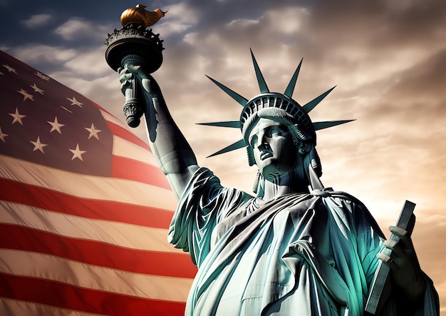 Estatua de la libertad con una bandera americana al fondo