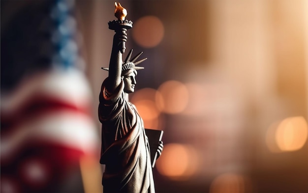 Estatua de la libertad con la bandera de Estados Unidos en el fondo