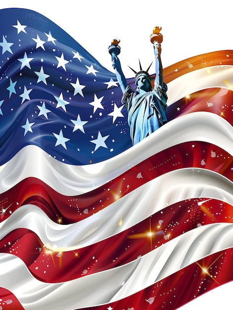 Estatua de la Libertad con bandera estadounidense en el fondo Democracia y libertad Día de la Independencia de Estados Unidos