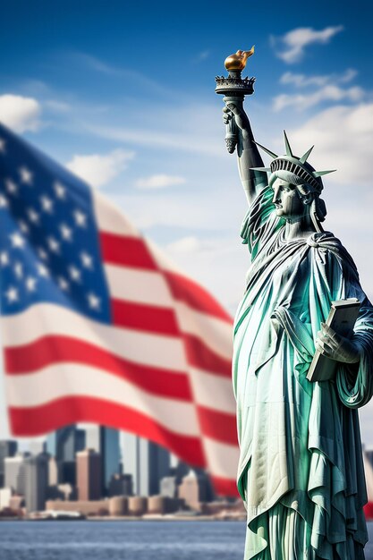 Foto estatua de la libertad con la bandera estadounidense ondeando en el fondo