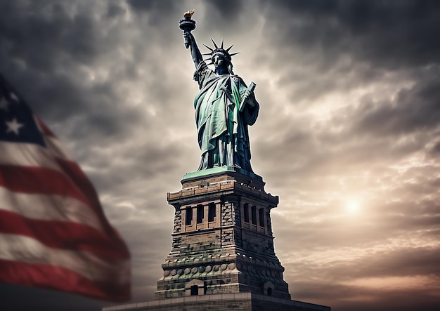 Estatua de la libertad con un cielo nublado al fondo