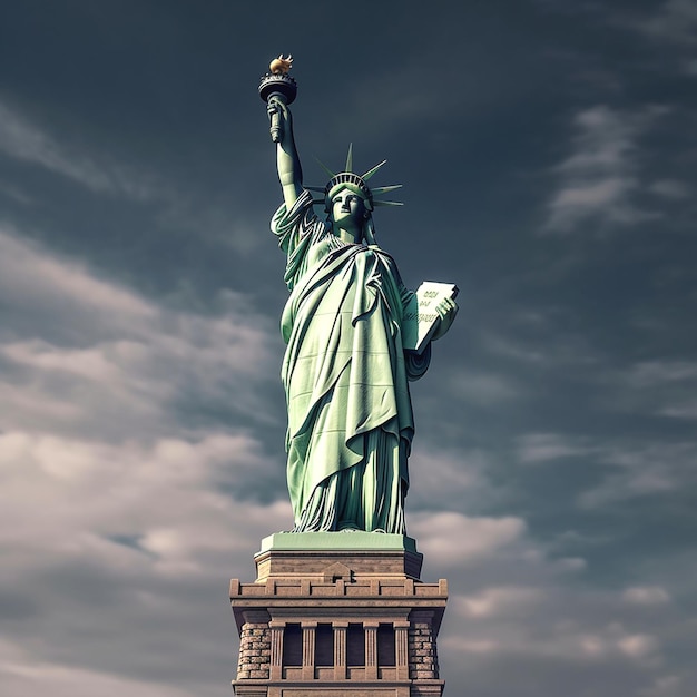 La estatua de la libertad está iluminada por una vela bajo un cielo azul.