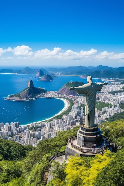 una estatua de la libertad está mirando hacia una ciudad con un pájaro en la parte superior