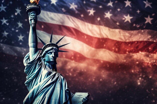 Estatua de la Libertad con el fondo de la bandera de los Estados Unidos Renderización 3D Estatua de la Libertad con la bandera de los Estados Unidos y fuegos artificiales que celebran el Día de la Independencia de los Estados Unidos Generado por IA