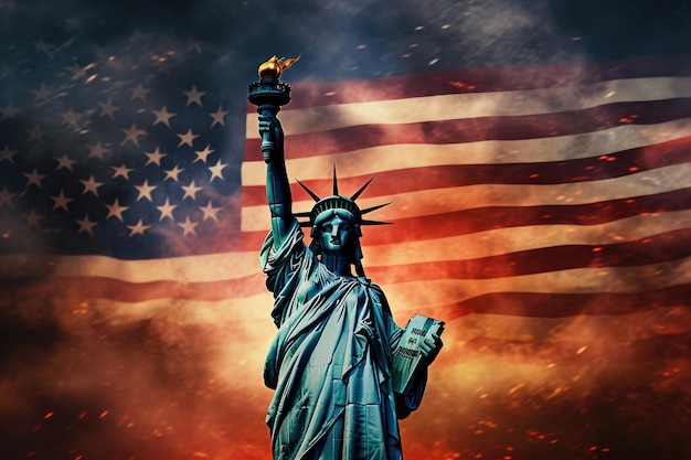 Estatua de la Libertad en el fondo de la bandera estadounidense 3d renderización Estatua de la Libertad con fuegos artificiales contra el fondo de la bandera estadounidense AI Generado