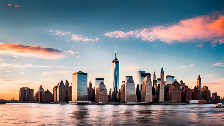 La Estatua de la Libertad frente al horizonte de la ciudad de Nueva York al atardecer