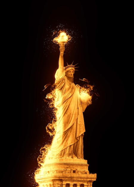 Estatua de la libertad con fuego ardiente aislado sobre fondo negro