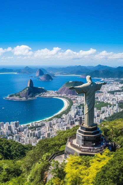 Foto una estatua de la libertad está mirando hacia una ciudad con un pájaro en la parte superior