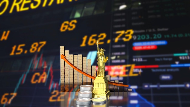 La Estatua de la Libertad y las monedas para el concepto de negocios renderización 3D