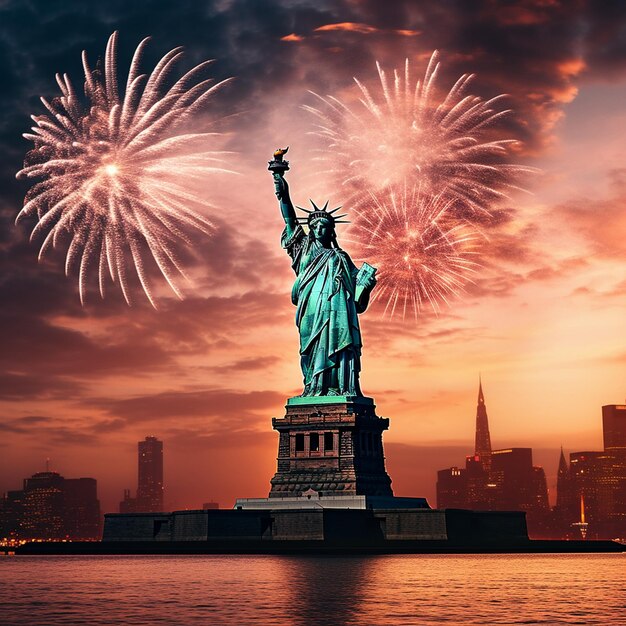 La Estatua de la Libertad se muestra con fuegos artificiales en el fondo.