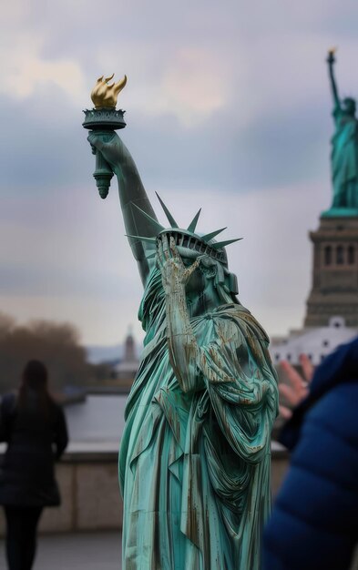 una estatua de la libertad con una mujer en el fondo