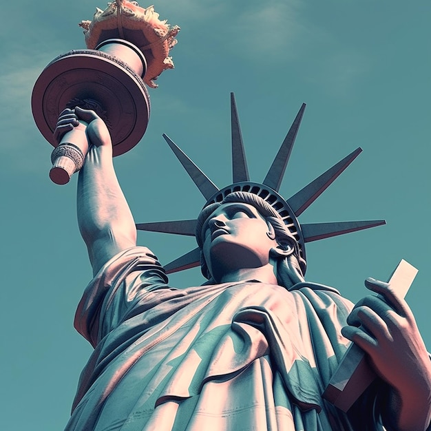 Foto la estatua de la libertad está parada en un día ventoso.