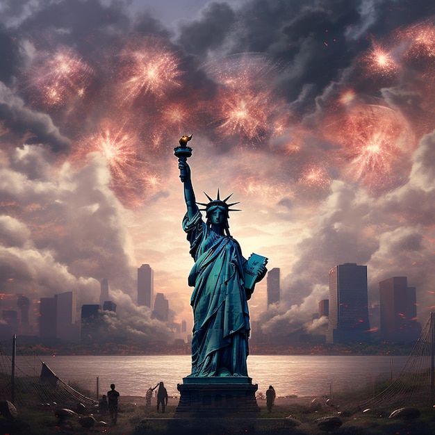 La estatua de la libertad se recorta contra un cielo nublado.