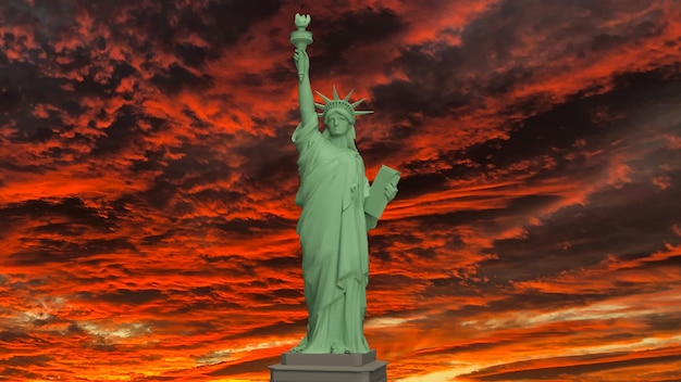 La estatua de la libertad en la representación 3d del cielo crepuscular