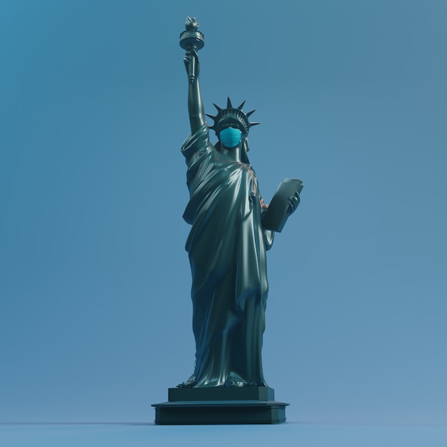 Estatua de la libertad usar máscara de cirugía. Ahorre los EEUU de Coronavirus Covid 19. representación 3d.