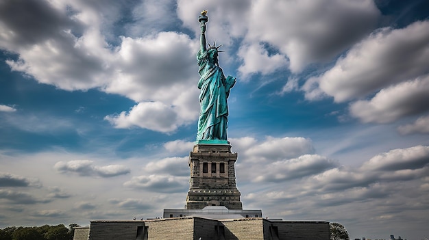 La estatua de la libertad se ve desde lo alto de un barco.