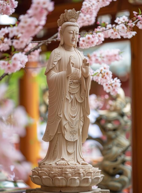 Una estatua de madera de Avalokiteshvara, el bodhisattva de la compasión, se encuentra frente a un cerezo en flor.