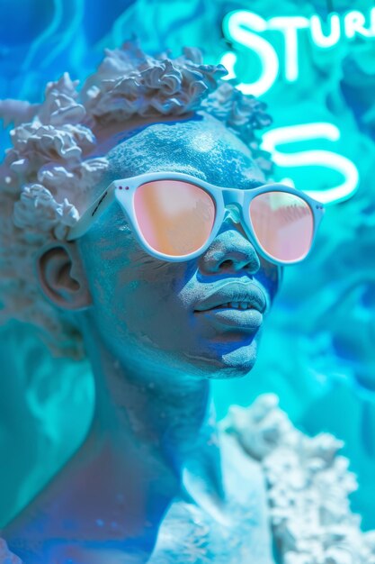 estatua de mármol blanco de una mujer africana pequeña sonrisa en gafas de sol iluminación de neón fondo cian