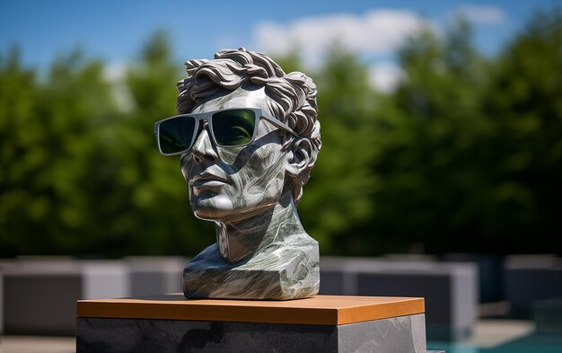 Estatua de mármol con gafas de color torso en un soporte