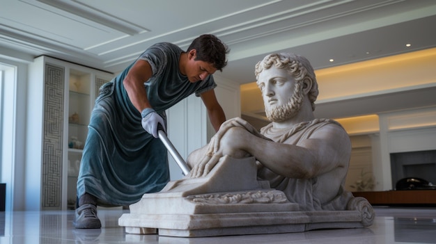 Foto estatua de mármol limpiando una cautivadora fotografía de mesa del arte fenicio