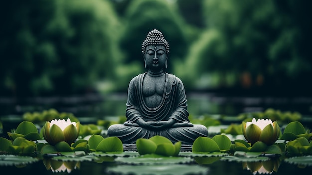 Estatua meditativa de Buda rodeada de lotos en flor en las aguas tranquilas del estanque