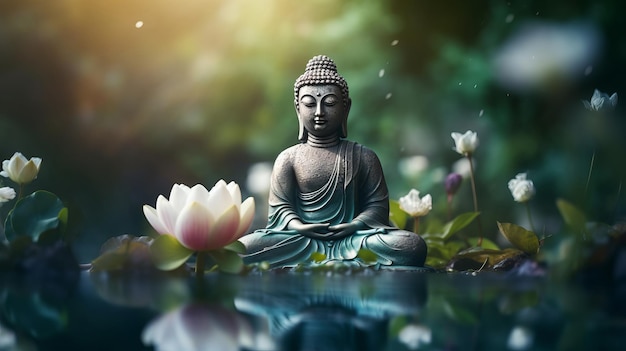 Estatua meditativa de Buda rodeada de lotos en flor en las aguas tranquilas del estanque