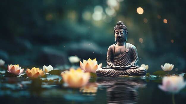 Estatua meditativa de Buda rodeada de lotos en flor en las aguas tranquilas del estanque