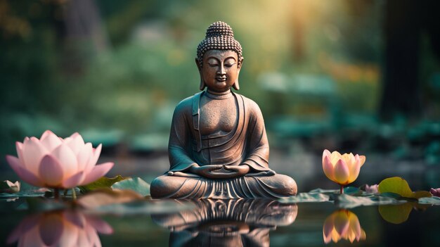 Foto estatua meditativa de buda rodeada de lotos en flor en las aguas tranquilas del estanque