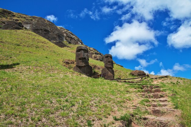 La estatua Moai en Rano Raraku en Rapa Nui Isla de Pascua de Chile