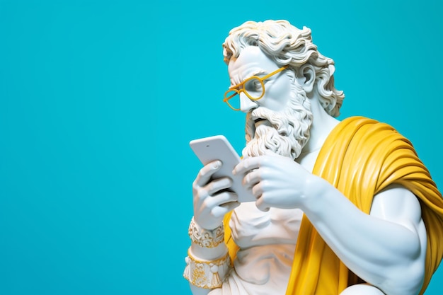 Estátua moderna de Poseidon segurando um smartphone IA gerativa