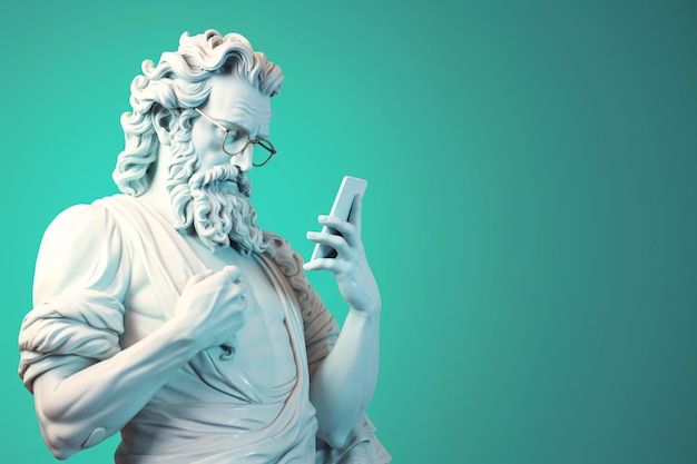 Estatua moderna de Poseidón sosteniendo un teléfono inteligente con IA generativa