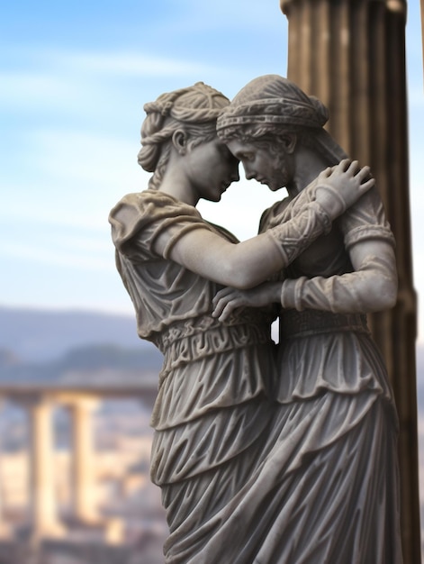 Foto una estatua de una mujer abrazando a otra mujer.