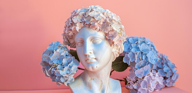 Estatua de una mujer antigua con flores de hortensia