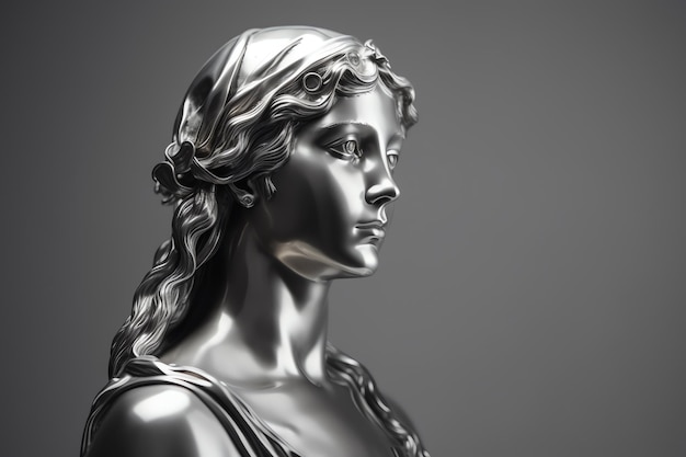 Una estatua de una mujer con cabello largo y un vestido plateado.
